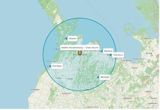 Healthy Housekeeping service area map — Owen Sound and surrounding communities, showing our coverage circle
